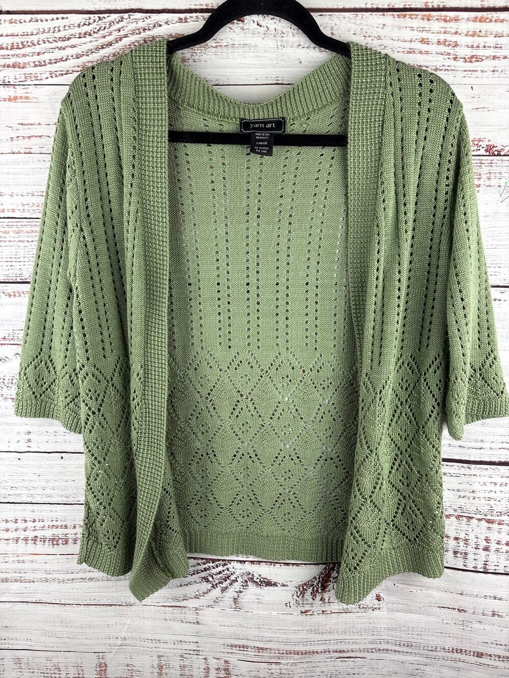 Womens Yarn Art Green Pointelle Knit Open Short Sleeve Lightweight Cardigan Sz L